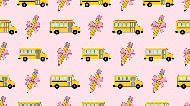 Back to School Seamless Pattern with Yellow Bus and Cute Pencil with Pink Ribbon on Polka Dot Background