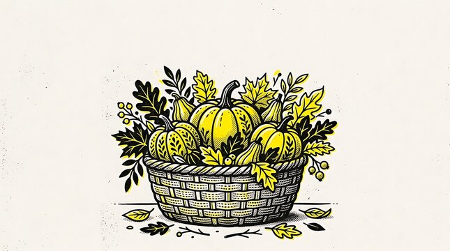 Harvest basket with pumpkins and autumn foliage in yellow and black