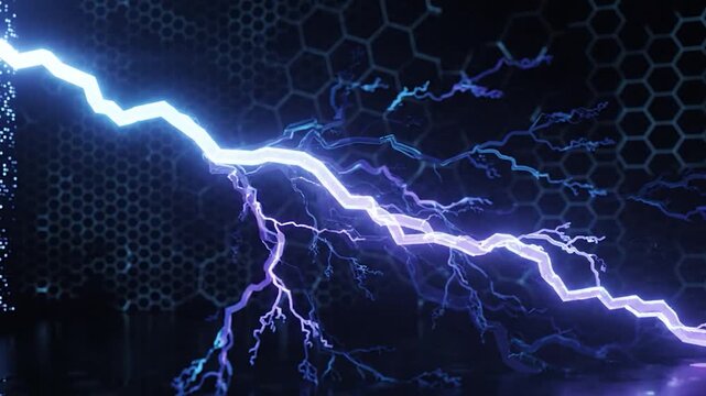 Digital blue lightning over hexagonal pattern background.