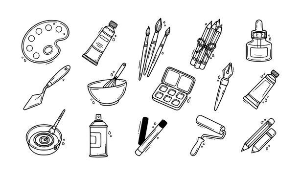 Art Supplies and Creative Studio Icon Set Featuring Paint Palette, Brushes, Tubes, Pencils, Spray Can, Watercolor Palette, and Fine Art Craft Line Art Elements