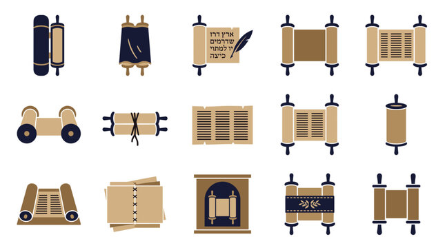 Torah scrolls with scripture and quill icons
