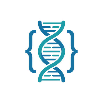 DNA strand icon enclosed within blue coding curly brackets.