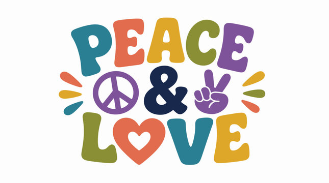 Peace and Love Symbol with Colorful Text and Icons.