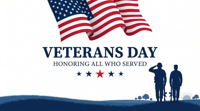 Patriotic veterans day2 graphic with american flag and silhouettes of soldiers saluting to honor military service members