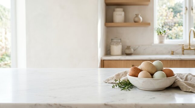 Fresh eggs arranged on the right side of a bright minimalist kitchen composition, large clean negative space on the left for advertising copy