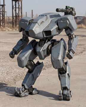 Armed Bipedal Military Mech Robot in Industrial Wasteland
