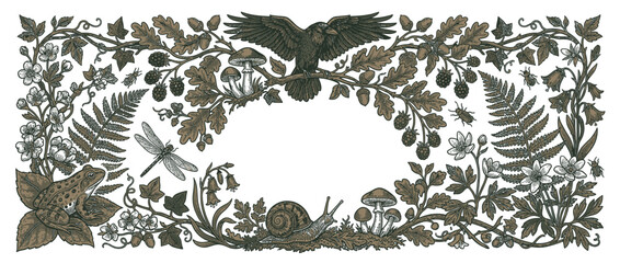 Vintage Forest Nature Frame with Bird and Insects