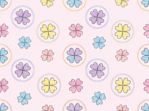 Seamless pattern with colorful four leaf clovers, cute lucky background