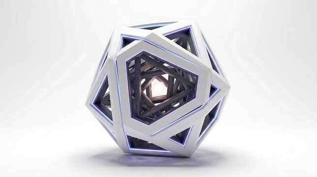 Abstract geometric 3D structure with glowing core and complex white frame design