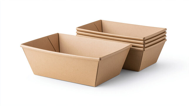 Disposable Kraft Paper Food Trays Isolated on White Background