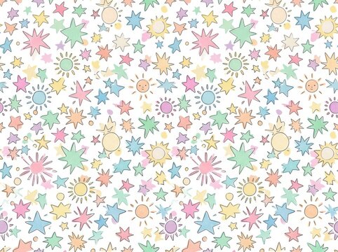 Seamless pattern with colorful handdrawn stars and suns isolated on white background