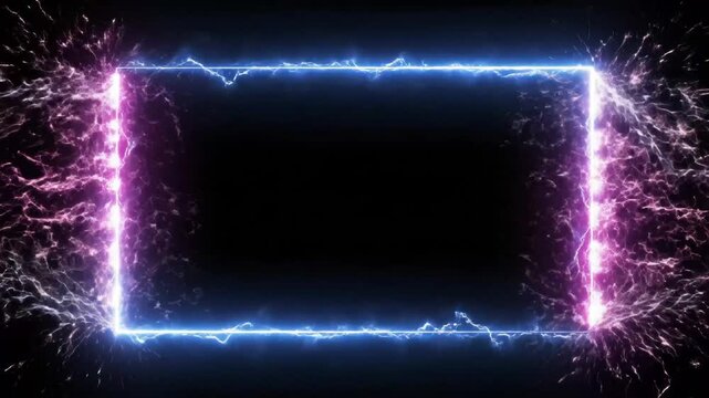 Electric neon frame with blue lightning effects, glowing purple energy border on black, futuristic digital particle rectangle for video overlays