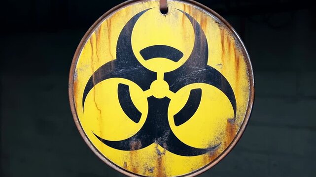 Hanging yellow biohazard sign with rusted rim, chipped paint, and worn metal surface against dark industrial wall, with biohazard, warning, sign, yellow detail, showing black, metal, rust, chipped