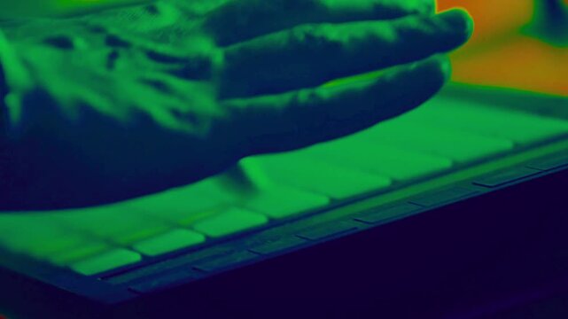 Musician hand playing midi controller pads with neon lighting