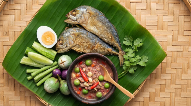 Fried mackerel served with nam prik kapi and fresh vegetables