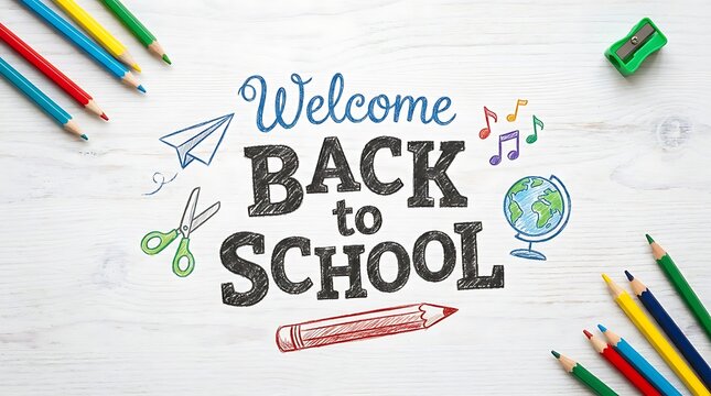 Colorful back to school education banner featuring various school supplies and stationery items on a white background