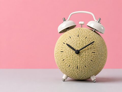 An alarm clock made from a cantaloupe melon with black clock hands on a pink background, representing healthy eating, and time management concepts