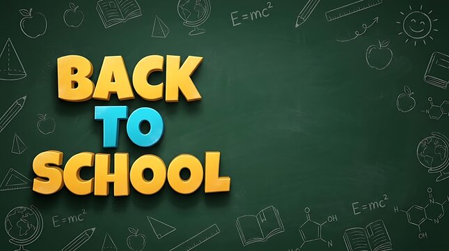 Colorful 3d back to school banner featuring education theme and various school supplies and stationery items