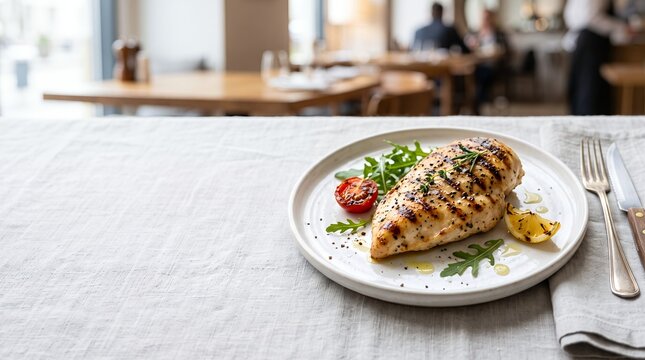 Grilled chicken breast positioned on the right side of a bright minimalist plate