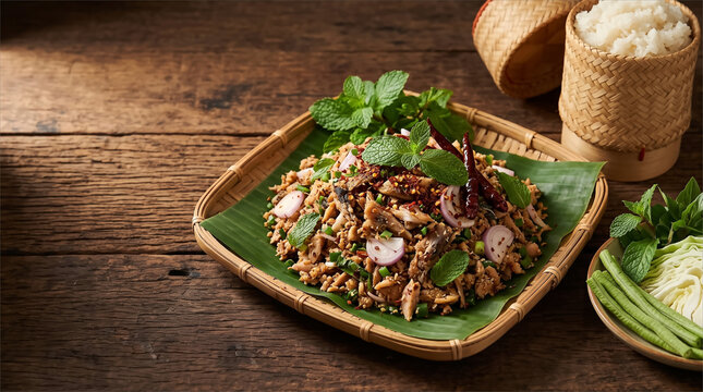 Isaan style catfish laab with herbs on banana leaf tray