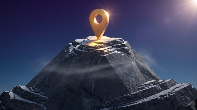 Golden location map pin standing on top of snowy mountain peak at dusk with location mountain navigation adventure destination climbing geography landscape achievement tracking trekking