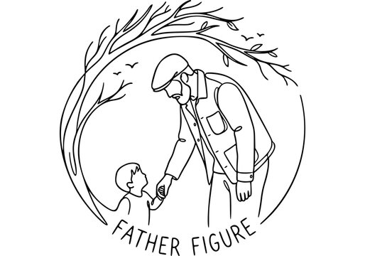 Father figure line art illustration with dad holding hands with young child under tree branches frame