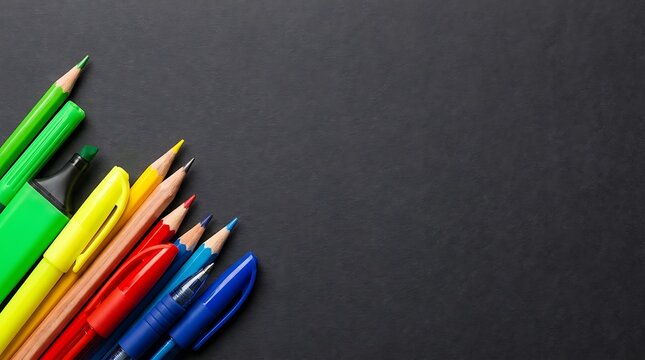 Colorful back to school education banner featuring various school supplies and stationery items on a dark background