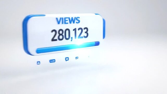 3D rendering of a digital view counter animation showing views increasing to 280,123 on a white tech background.