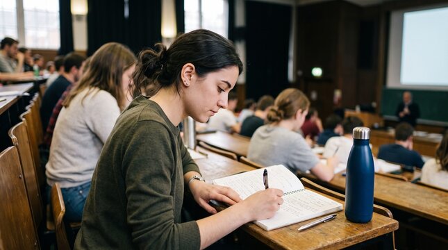 Young woman student attentively taking notes in a lecture hall during a class with a professor in the background