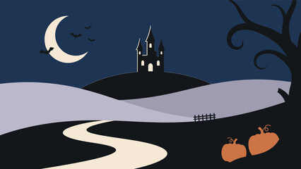 Fototapeta premium Haunted castle on moonlit hill with pumpkins and winding path