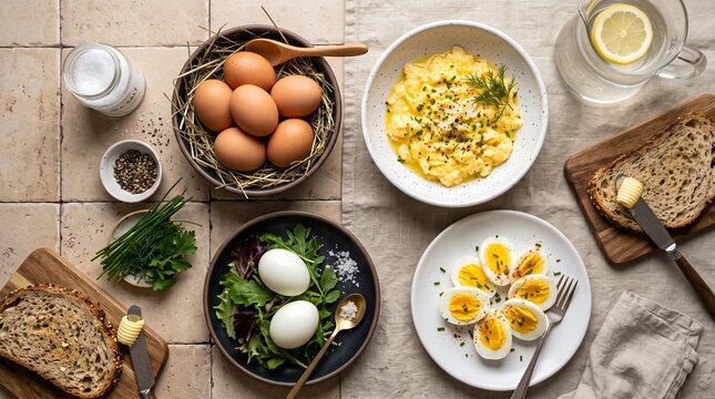 Top-down flat lay of fresh eggs, boiled eggs, scrambled eggs and sliced eggs arranged beautifully on a neutral kitchen surface