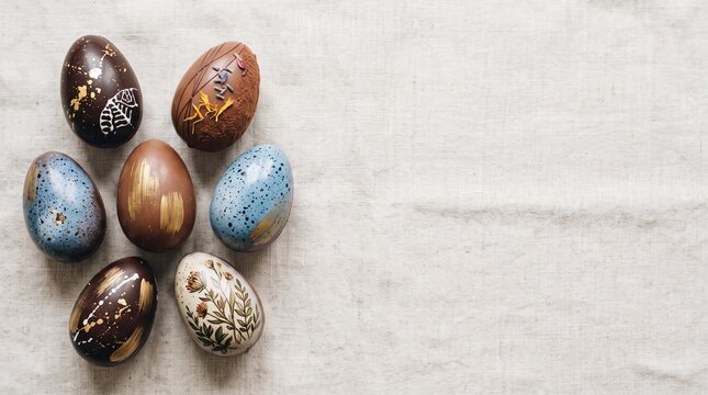 Artisan Chocolate Easter Eggs with Decorative Designs on Textured Linen Background