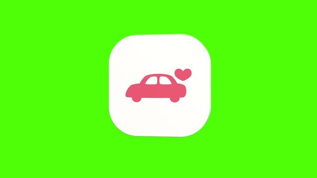 3D animated honeymoon wedding car with hearts icon on a white rounded card with a green screen background. Smooth loop motion, perfect for mobile app UI, marriage trip, romantic drive, and video editi