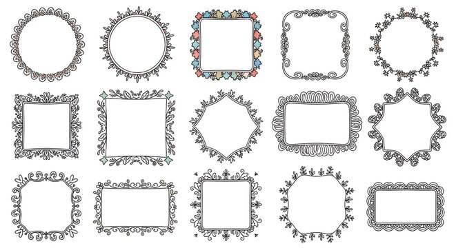 Set of hand drawn decorative doodle frames and borders