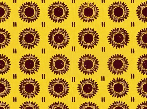 Seamless pattern with stylized sunflowers and vertical dashes on a yellow background