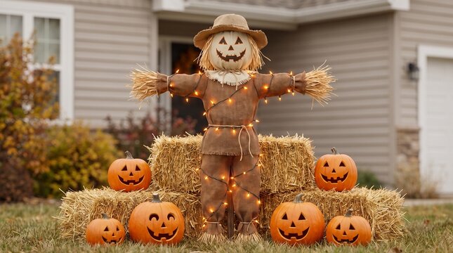 Halloween Scarecrow with String Lights Straw Bales and Jack O Lantern Pumpkins in Front Yard Decor