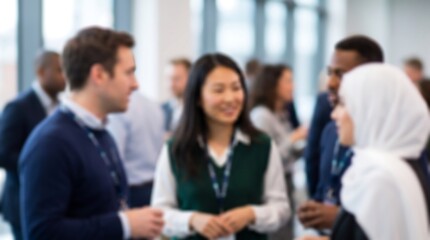 Obraz premium Diverse business team having professional conversation at corporate networking event with blurred office background and bright natural light creating an authentic workplace atmosphere