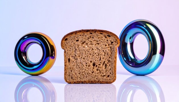 A slice of bread flanked by iridescent, donut-shaped sculptures on a gradient background