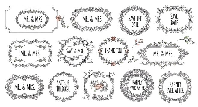Set of decorative vintage wedding frames and labels