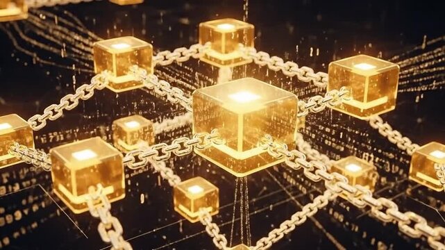 Abstract Blockchain Network Graphic with Connected Glowing Gold Cubes Representing Decentralized Cryptocurrency Technology and Secure Data Architecture