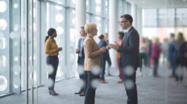 Business professionals standing and talking in a bright modern office lobby with large glass windows and blurred figures of people networking during a corporate event or seminar