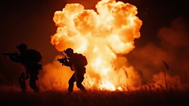 Silhouette of two male soldiers running through fire and explosions in a combat zone symbolizing war and danger