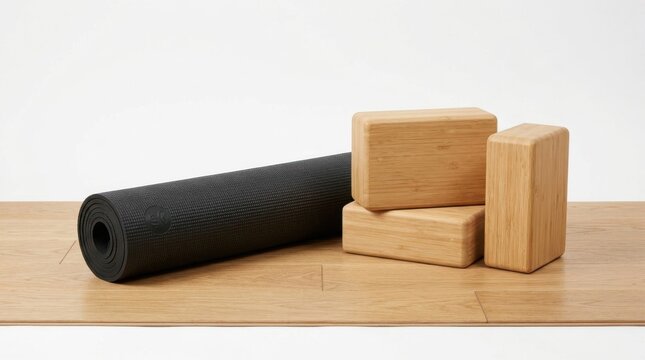 Black yoga mat with three wooden yoga blocks on a wooden floor