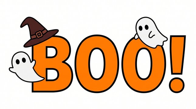 Halloween Boo Text with Cute Ghosts and Witch Hat Vector Graphic on White Background