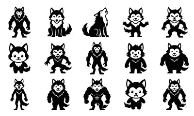 Obraz premium Werewolf character icons set, 15 black wolf silhouettes in SVG format, cartoon monster mascot collection for Halloween gaming and branding