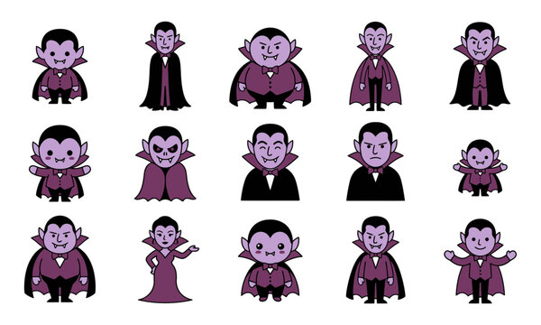 Cute vampire cartoon characters set, 15 purple dracula icons in flat vector style, spooky halloween monster collection for stickers and web design