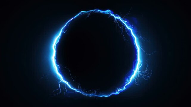Electric blue lightning ring border with dark center, abstract frame copy space text overlay, seamless loop