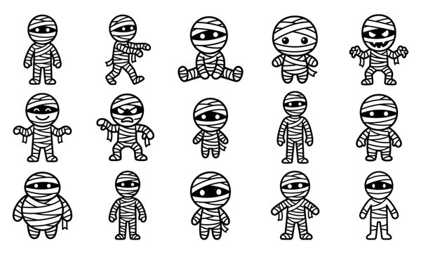Halloween mummy cartoon characters, 15 cute mummy icons set, black and white spooky monster vector illustrations for kids party decor