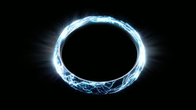 Glowing electric energy ring on black background, abstract object animation, seamless loop