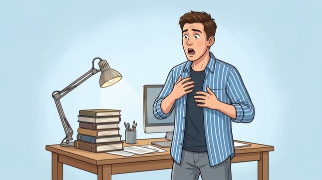 Shocked young man standing in front of his office desk with books and computer